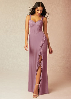 Azazie Camellia Bridesmaid Dresses Vintage Mauve Sheath Lace Chiffon Dress image1