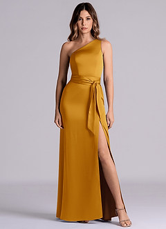 Azazie Philana Bridesmaid Dresses Butterscotch A-Line One Shoulder Stretch Satin Dress image2