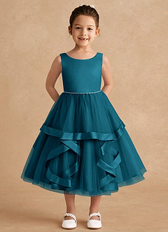 Azazie Posy Flower Girl Dresses Ink Blue A-Line Beaded Tulle Dress image1