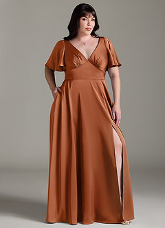 Azazie Kimber Bridesmaid Dresses Copper A-Line Ruched Stretch Satin Dress image9