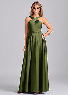 Azazie Dixie Robes de demoiselle d'honneur Robe Trapèze en Satin extensible Plissée Olive image1