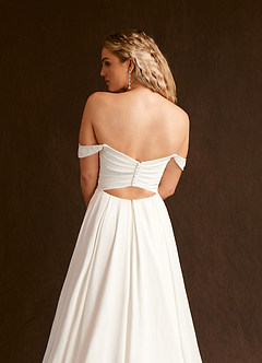 Azazie Joya Wedding Dresses Diamond White A-Line Off the Shoulder Crepe Back Satin Dress image8