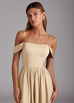 Azazie Calianna Bridesmaid Dresses Champagne A-Line Off the Shoulder Stretch Satin Convertible Dress image2