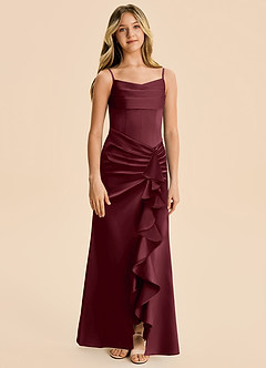 Azazie Rosalia Junior Cabernet Sheath Pleated Stretch Satin Dress image6