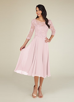 Blushing Pink Azazie Marge A-Line Scoop Lace Chiffon Tea-Length Dress ...