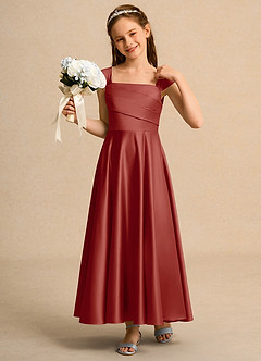 Azazie Bundle Girls Formal Flower Girl Dresses Terracotta A-Line Pleated Matte Satin Dress image4