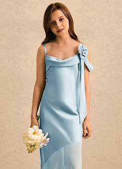 Azazie Kai Girls Formal Abiti da Ragazza di Fiori Abito Tubino in Raso Elasticizzato Plissettato Azzurro image5