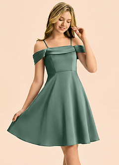 Azazie Anselie Junior Eucalyptus A-Line Off the Shoulder Stretch Satin Dress image1