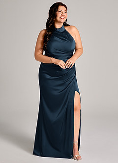 Azazie Jemma Vestidos de damas de honor Vestido Azul Marino Oscuro de Satén Elástico de Corte Recto con Plisado image8