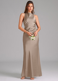 Azazie Evadne Bridesmaid Dresses Taupe Sheath Pleated Stretch Satin Dress image6