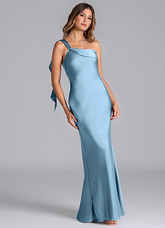 Azazie Driea Vestidos de damas de honor Vestido de Azul Acero de Satén Elástico de Corte Sirena con Hombro unilateral image1