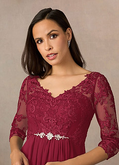 Azazie Hayek Mother of the Bride Dresses Burgundy A-Line V-Neck Lace Chiffon Dress image3
