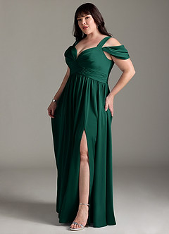 Azazie Lianne Robes de demoiselle d'honneur Robe Trapèze en Satin extensible Épaule décolletée émeraude image13