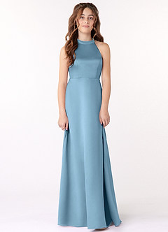 Azazie Laurel Junior Steel Blue A-Line Stretch Satin Dress image1