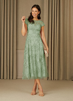 Azazie Sanna Mère de la mariée Robes Robe Trapèze en Tulle Dentelle à encolure dégagée Vert Sauge image1