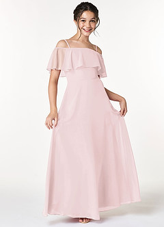 Azazie Maggie Junior Blushing Pink A-Line Off the Shoulder Chiffon Dress image3