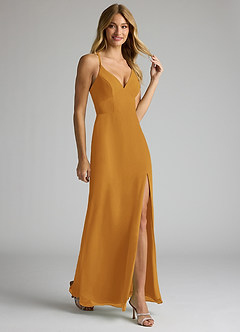 Azazie Becca Bridesmaid Dresses Butterscotch Sheath V-Neck Chiffon Dress image2