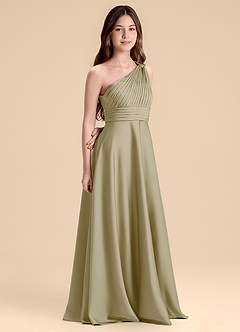 Azazie Charlize Junior Abito A-Line in Raso Elasticizzato Plissettato Verde Muschio image3