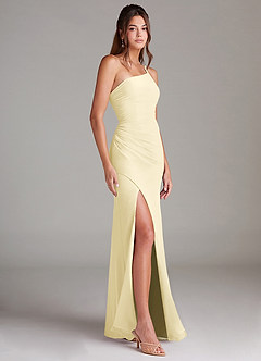 Azazie Eren Vestidos de damas de honor Vestido de Sorbete De Limón de Gasa de Corte Recto con Hombro unilateral image4