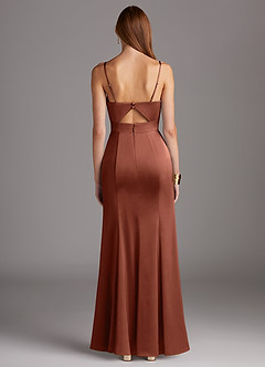 Azazie Shania Bridesmaid Dresses Clay Sheath V-Neck Pleated Stretch Satin Dress image2