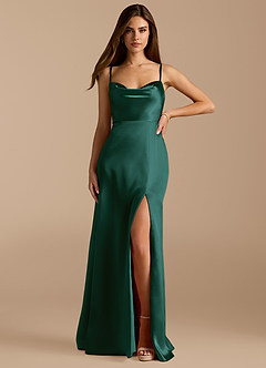 Azazie Erma Bridesmaid Dresses Pine A-Line Side Slit Metallic Satin Dress image1