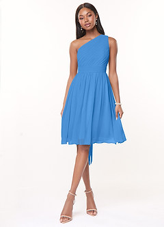 Azazie Katrina Vestidos de damas de honor Vestido de Azul Grisaceo de Gasa de Corte en A con Hombro unilateral image1