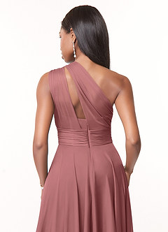 Azazie Charlize Bridesmaid Dresses Desert Rose A-Line One Shoulder Mesh Dress image4