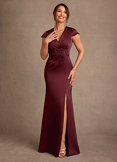Azazie Rilda Mother of the Bride Dresses Cabernet Sheath Lace Stretch Satin Dress image4