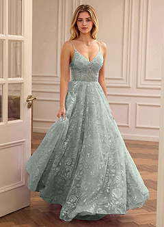 Juliette Vert Robe de bal trapèze à col en V et broderie florale à sequins image1