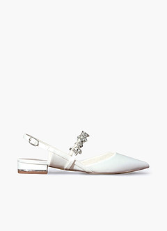 front Crystal Strap Pointed Toe Satin Low Heels