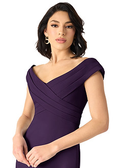 Azazie Evita Robes de demoiselle d'honneur Robe Trapèze en Crêpe Élastique Épaule décolletée Prune image4