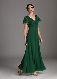 Azazie Singer vestidos de madre de la novia Vestido de Verde Oscuro de Gasa de Corte En A con Encaje Cuello V image3