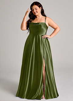 Azazie Elle Bridesmaid Dresses Olive A-Line with Pockets Metallic Satin Dress image10