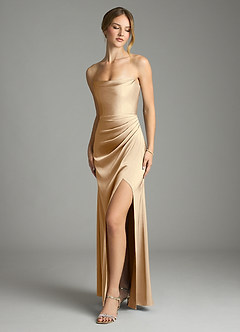 Azazie Leonis Vestidos de damas de honor Vestido de Champán de Satén Elástico de Corte Sirena Convertible con Plisado image1