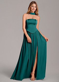 Azazie Cadence Bridesmaid Dresses Peacock A-Line Corset Stretch Satin Convertible Dress image3