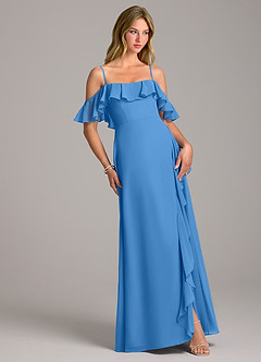Azazie Aubrie Bridesmaid Dresses Blue Jay A-Line Off the Shoulder Chiffon Dress image5