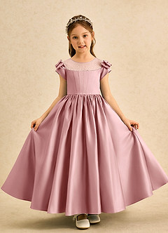 Azazie Toffee Abiti da Ragazza di Fiori Abito Stile Principessa in Raso Opaco Fiocco Rosa Polverosa image2