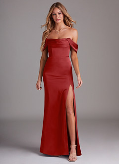 Azazie Saige Bridesmaid Dresses Pomegranate Sheath Off the Shoulder Stretch Satin Dress image3