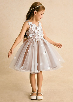 Azazie Junebug Flower Girl Dresses Ivory Champagne Rose Ball-Gown Lace Tulle Dress image4
