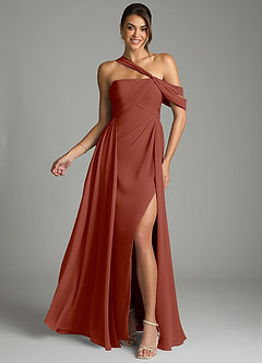 Azazie Kassandra Bridesmaid Dresses Auburn A-Line Off the Shoulder Chiffon Dress image1