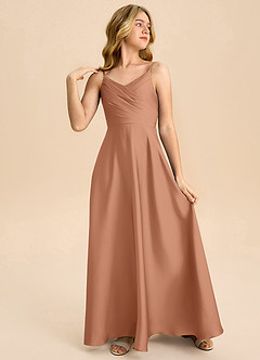 Azazie Bug Junior Robe Trapèze en Satin extensible Plissée Bronze image4