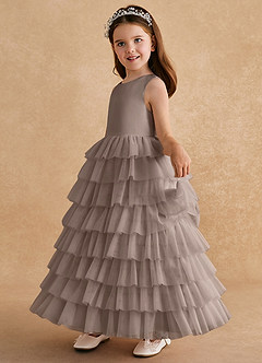 Azazie Twinkle Toes vestidos de niña de las flores Vestido de Gris Pardo de Tul de Corte En A con Lazo image4