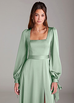 Azazie Leonia Bridesmaid Dresses Agave A-Line Long Sleeve Stretch Satin Dress image6