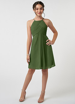 Azazie Ginny Junior Olive A-Line Pleated Chiffon Dress image1