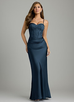 Azazie Allison At-home Try On Dresses Dark Navy Mermaid Corset Stretch Satin Dress image1