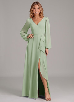 Azazie Simone Robes de demoiselle d'honneur Robe Trapèze en Mousseline de soie Manche longue Vert Sauge image1