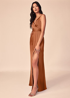 Azazie Aqua Bridesmaid Dresses Copper A-Line V-Neck Pleated Stretch Satin Dress image5
