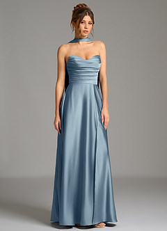 Azazie Ayla Abiti da Damigella Abito A-Line in Raso Elasticizzato Corsetto Blu Polveroso image4