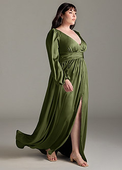 Azazie Norah Bridesmaid Dresses Olive A-Line Stretch Satin Dress image10