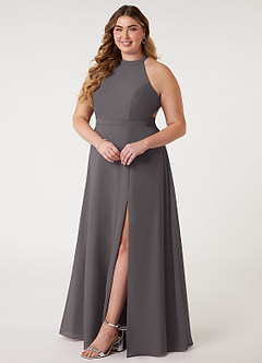 Azazie Clarice Vestidos de damas de honor Vestido de Gris Acero de Gasa de Corte En A con Halter image11